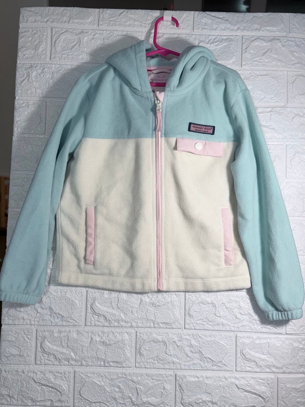 Vineyard Vines Girls 7 Mint Cream Colorblock Hooded Fleece Jacket Pink